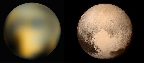 Plutão visto pelo Telescópio Hubble / Plutão visto pela New Horizons